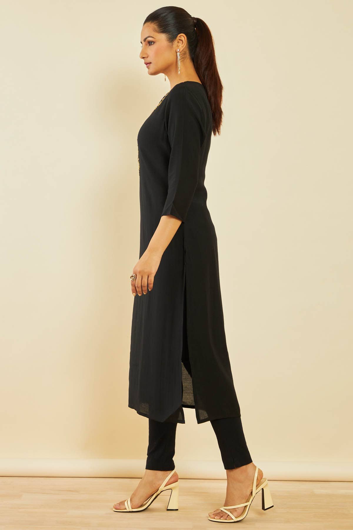 Black Viscose Blend Straight Kurta with Floral Cutdana Work - Image 2