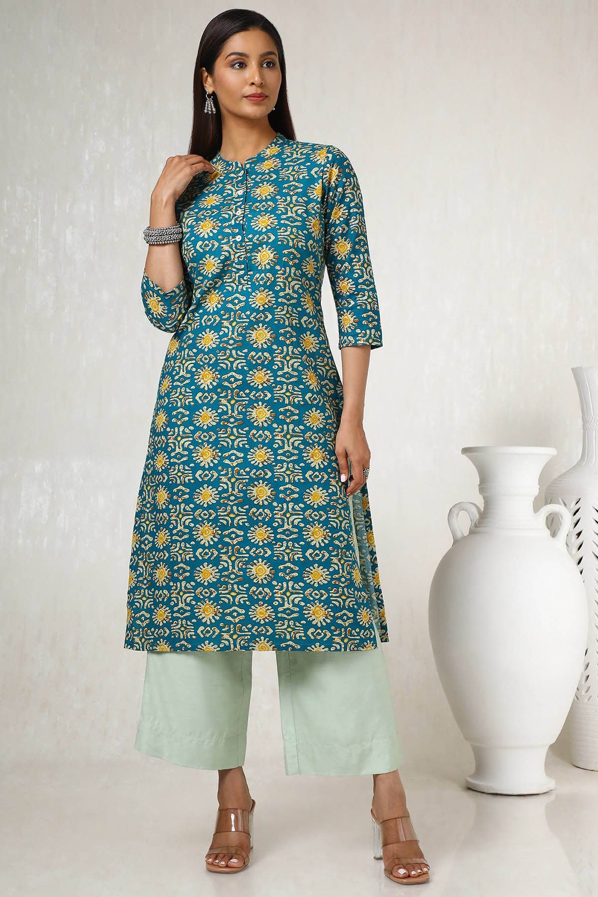 Teal Cotton Blend Abstract Print Kurta - Image 3