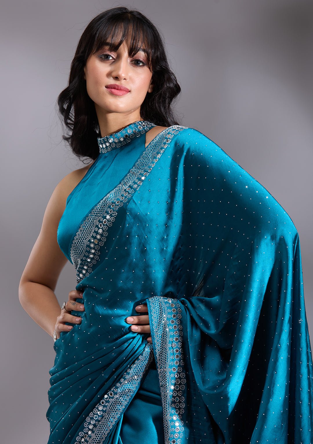 Peacock Blue Silver Stonework Satin Saree - Image 5