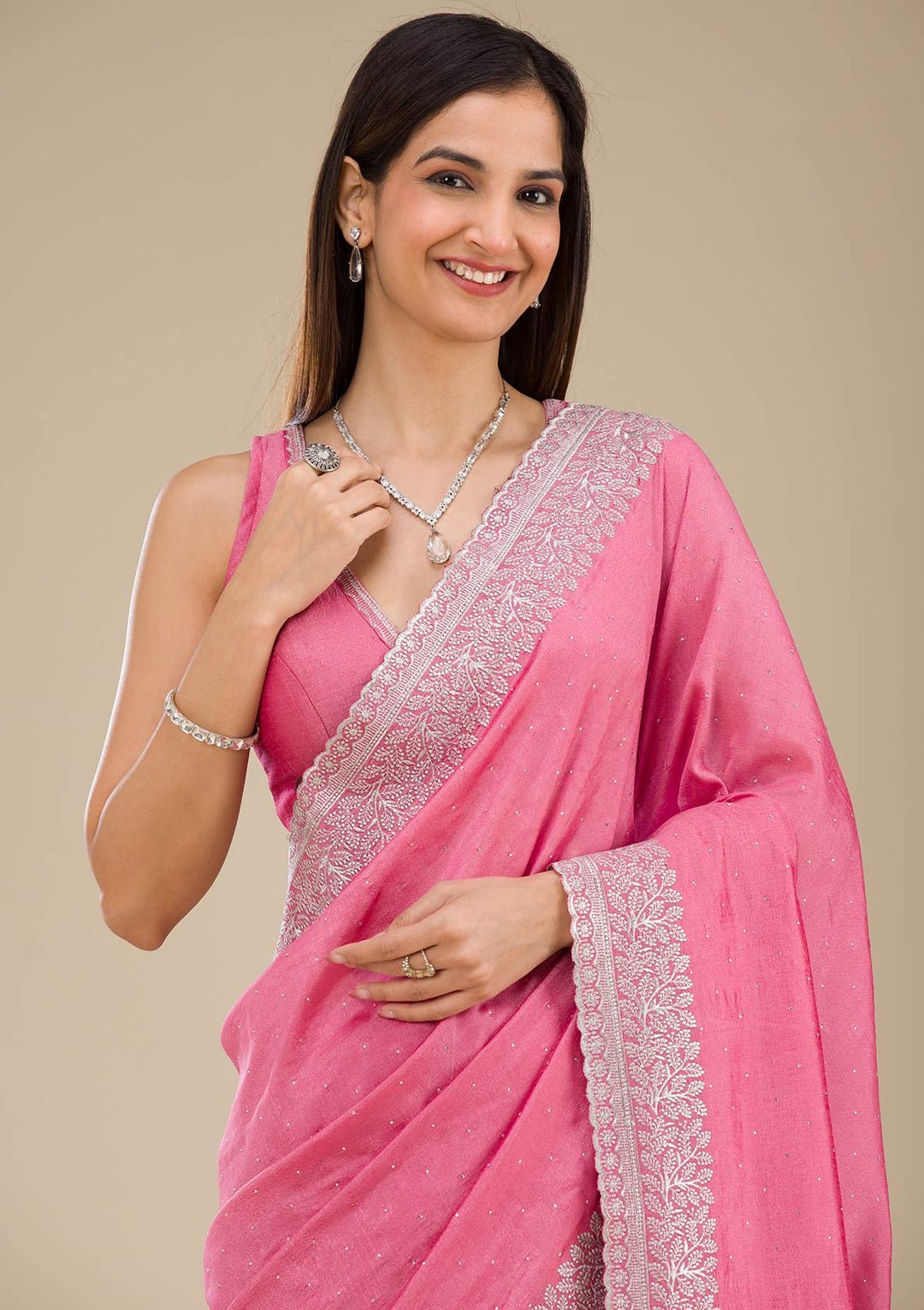 Onion Pink Zariwork Soft Silk Saree - Image 6